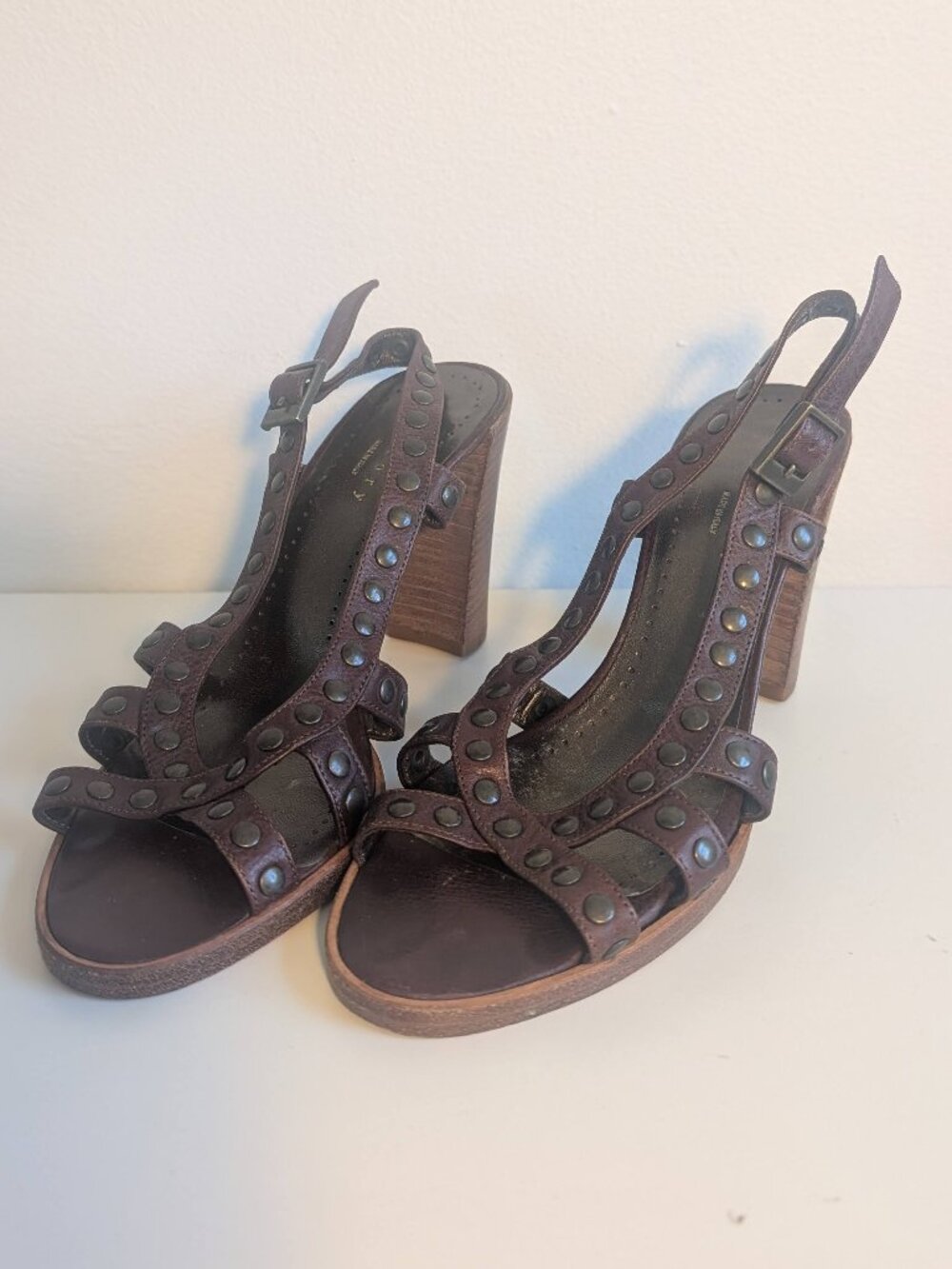 Theory Brown Leather Sandals with Studs Made in Italy Real Leather Heels Sz 5